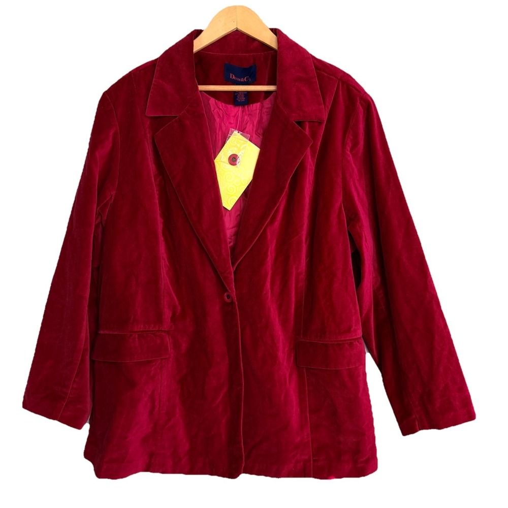 NEW Denim & Co Red Velvet Blazer Tailored One Button Lined Career Jacket‎ 2X